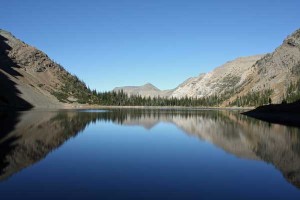 A gorgeous reflection in Crypt Lake, seen from the south shore on September 27, 2009.